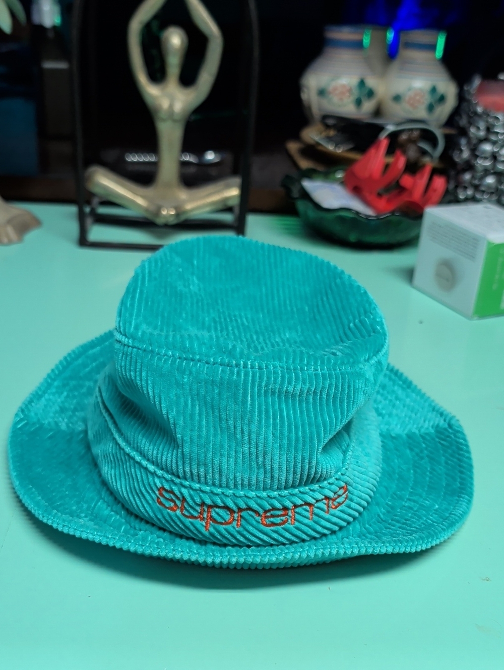 Supreme Teal Corduroy Bucket Hat with Orange Logo